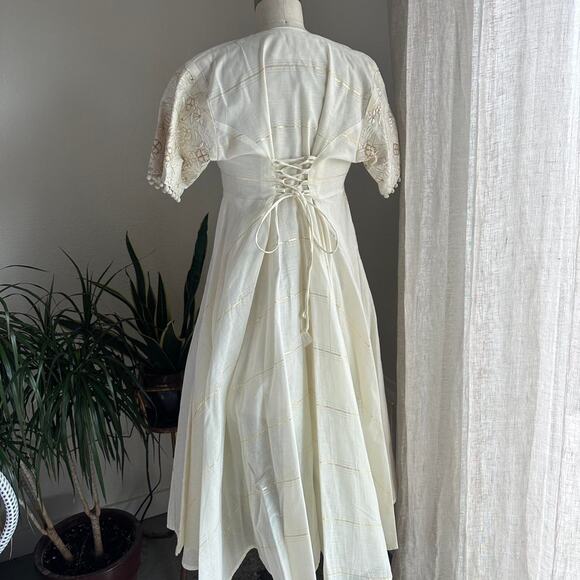 Women’s M/L Dress Ivory Gold Embroidery Empire Waist Lace-Up Puff Sleeve Boho - Picture 5 of 5